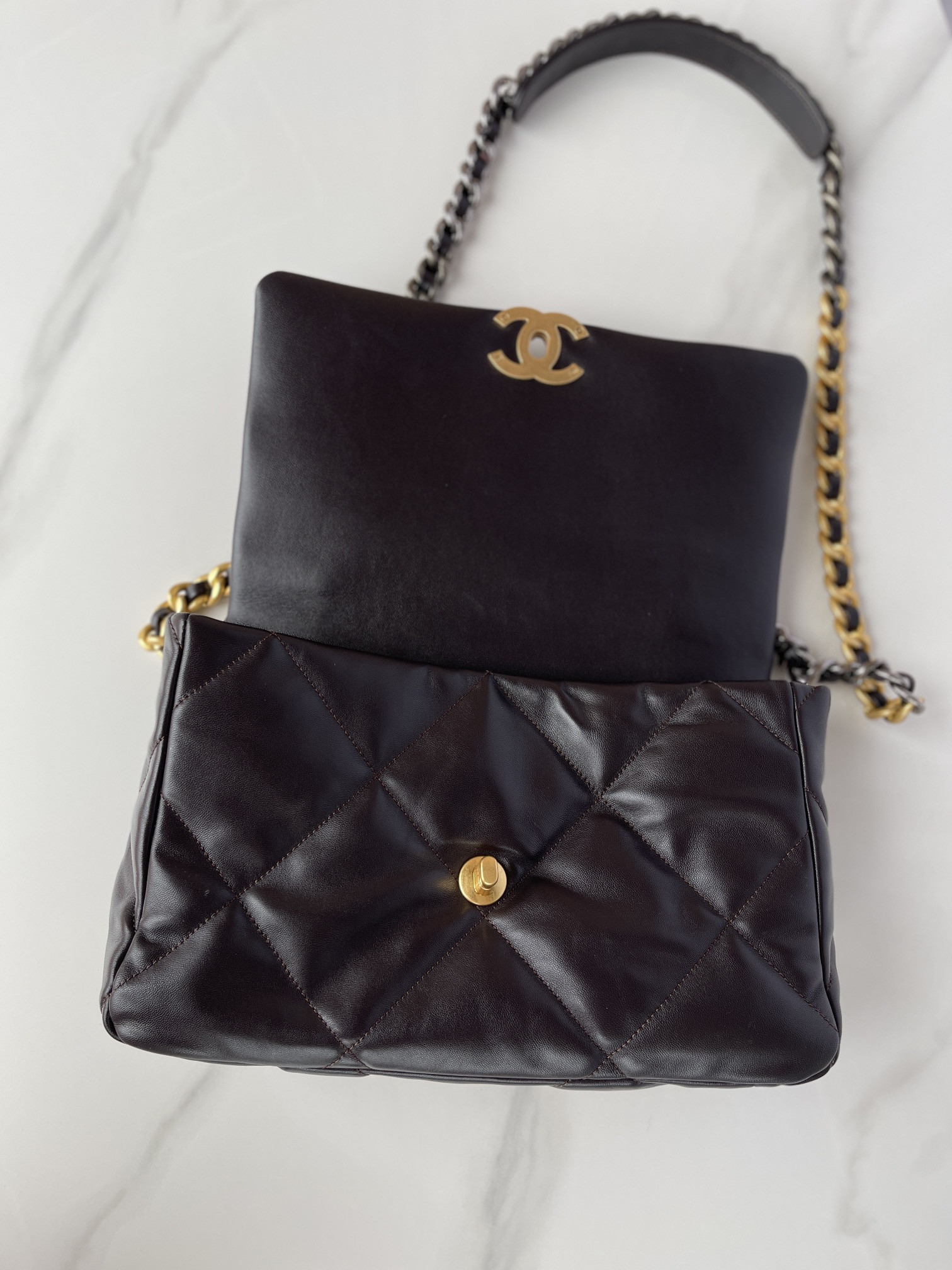Ch*el 19 large handbag shiny leather, gold-tone, silver-tone & ruthenium-finish metal black 7.8 × 11.7 × 3.9 in