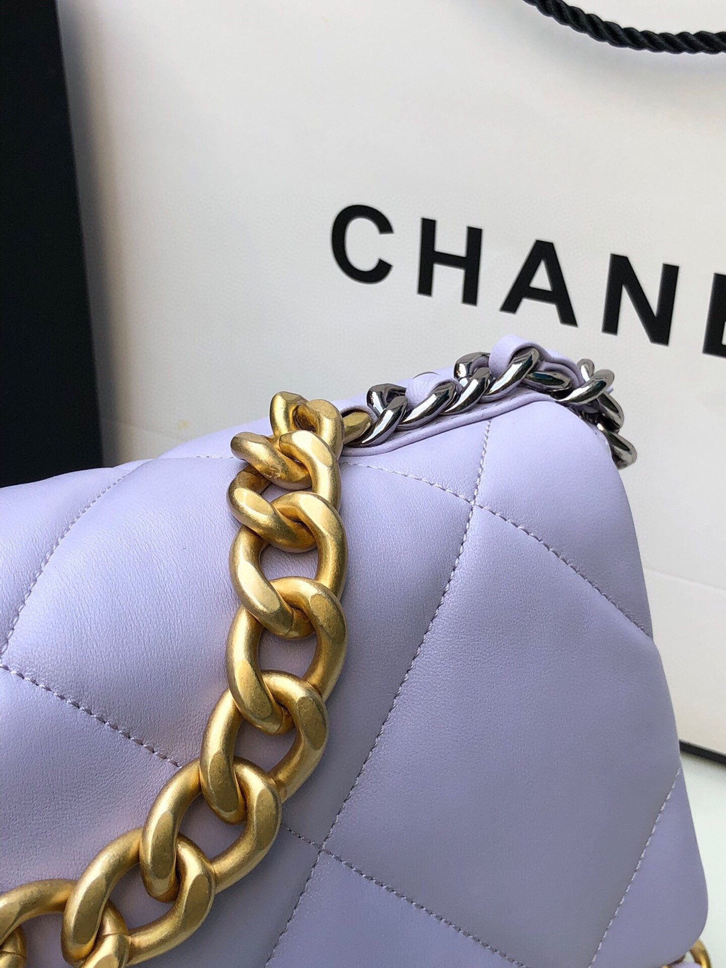 Ch*el 19 large handbag shiny leather, gold-tone, silver-tone & ruthenium-finish metal purple 7.8 × 11.7 × 3.9 in