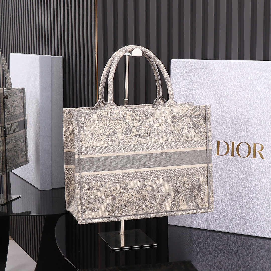 medium D*or book tote ecru and gray toile de jouy embroidery 14 x 11 x 6.5 inches