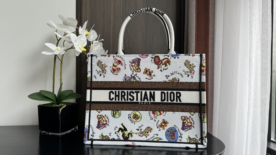 medium D*or book tote white multicolor dragon zodiac embroidery 14 x 11 x 6.5 inches