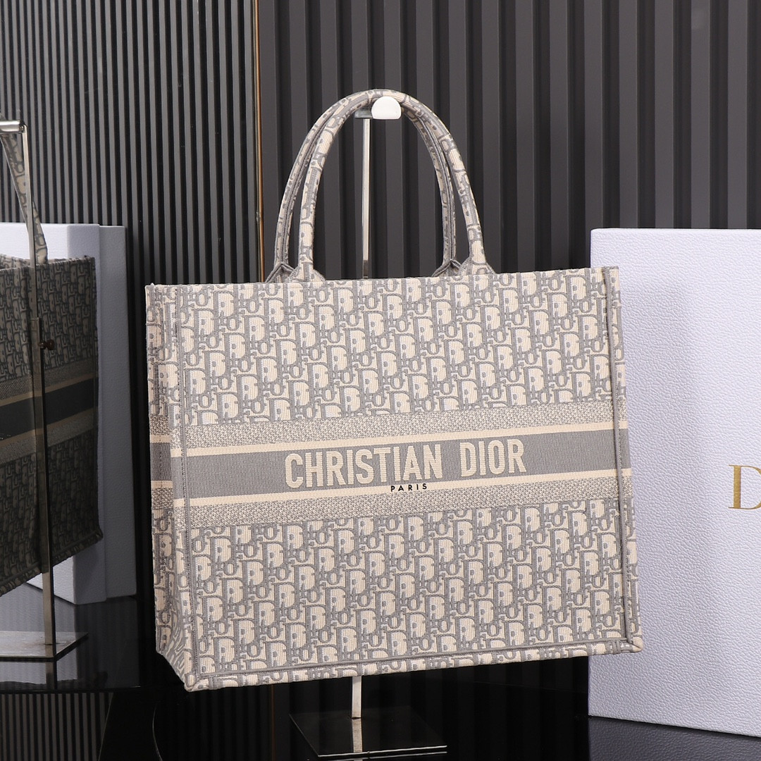 large D*or book tote ecru and gray D*or oblique embroidery 16.5 x 14 x 7.5 inches