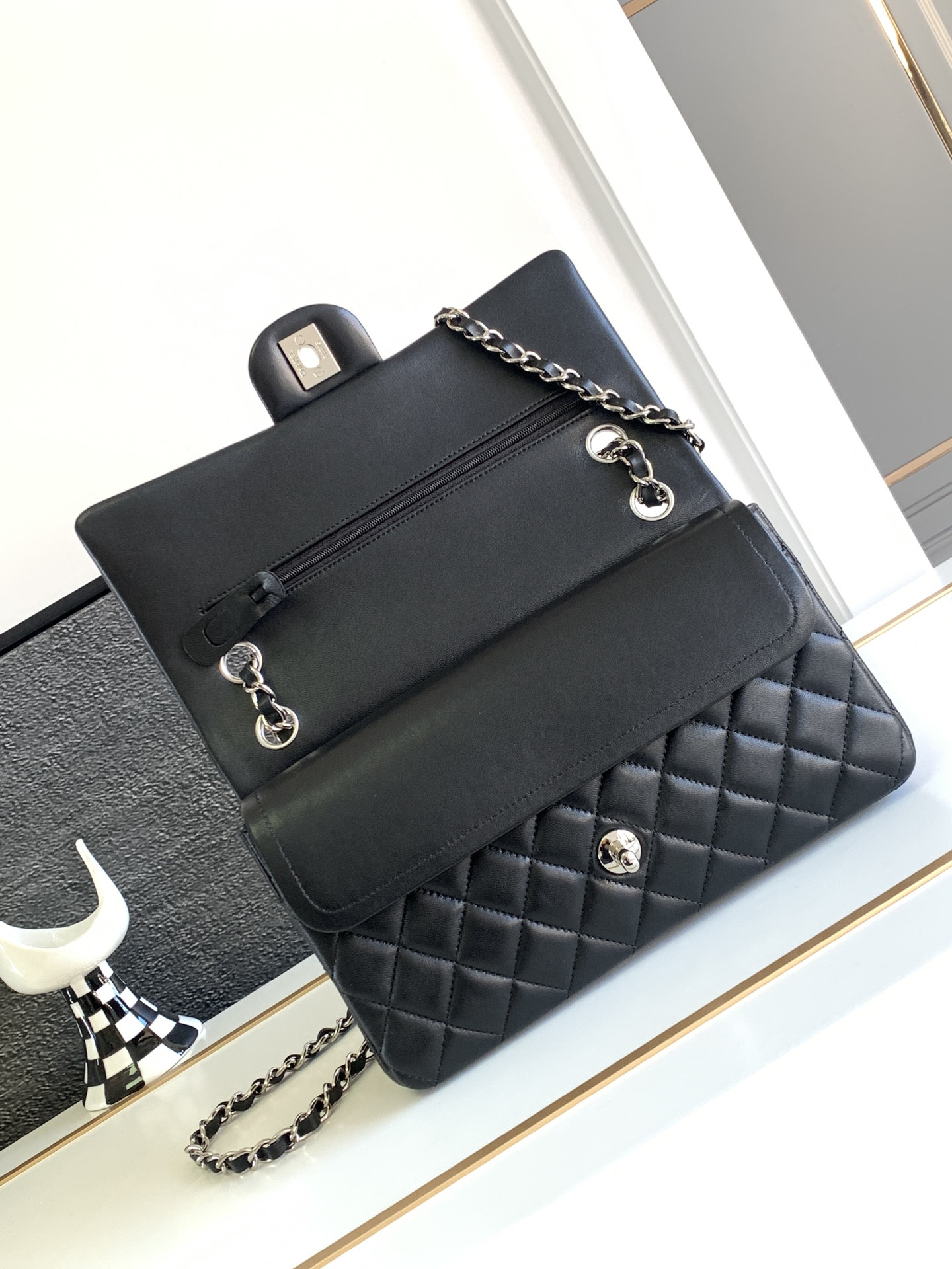 Ch*el classic handbag grained shiny calfskin & silver-tone metal black 6 × 9.9 × 2.5 in