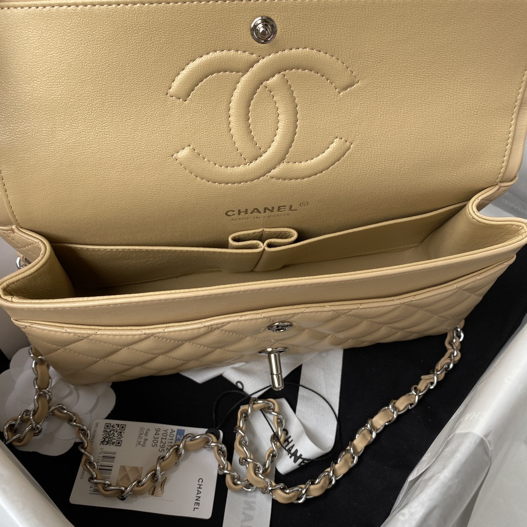 Ch*el classic handbag grained shiny calfskin & silver-tone metal coffee 6 × 9.9 × 2.5 in