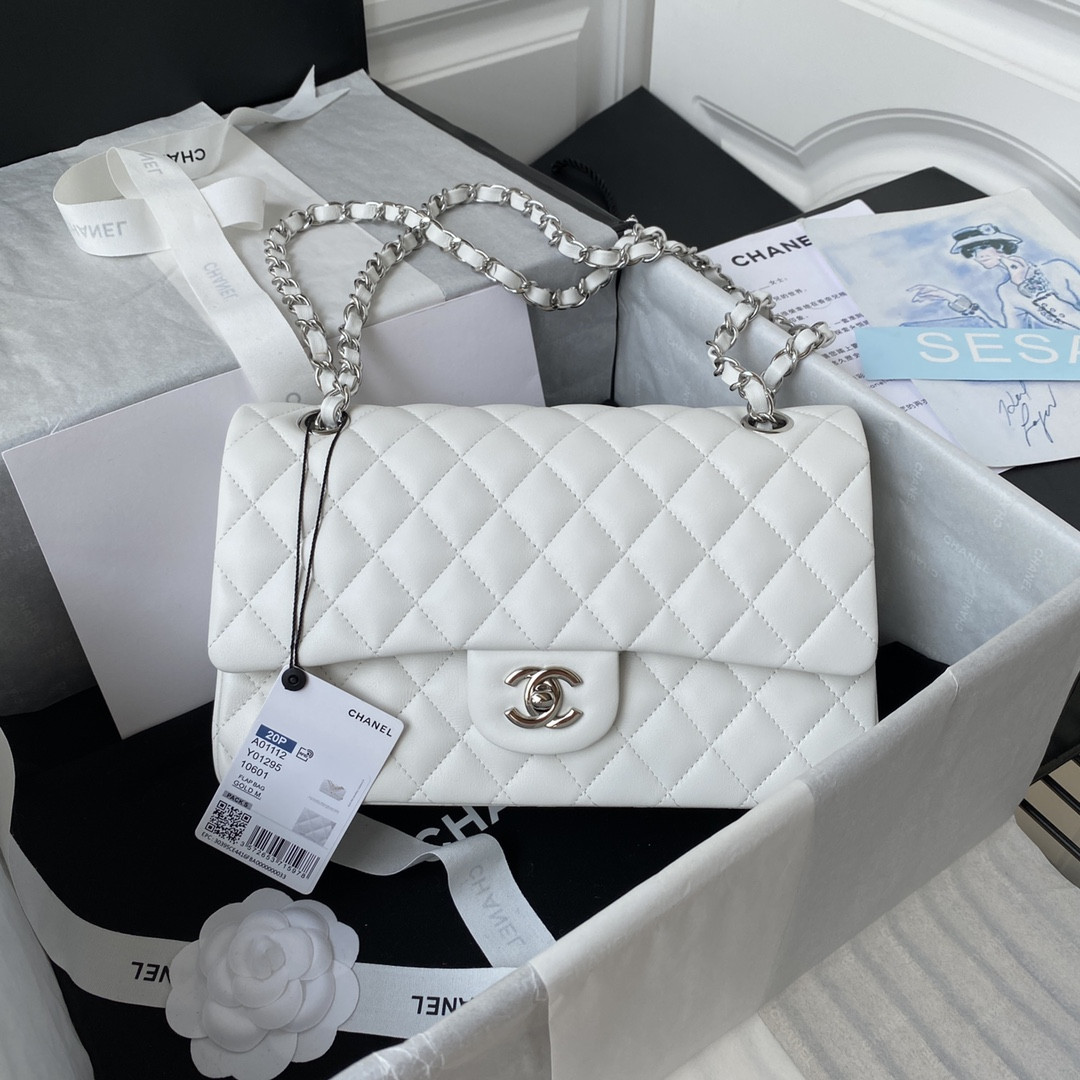 Ch*el classic handbag grained shiny calfskin & silver-tone metal white 6 × 9.9 × 2.5 in