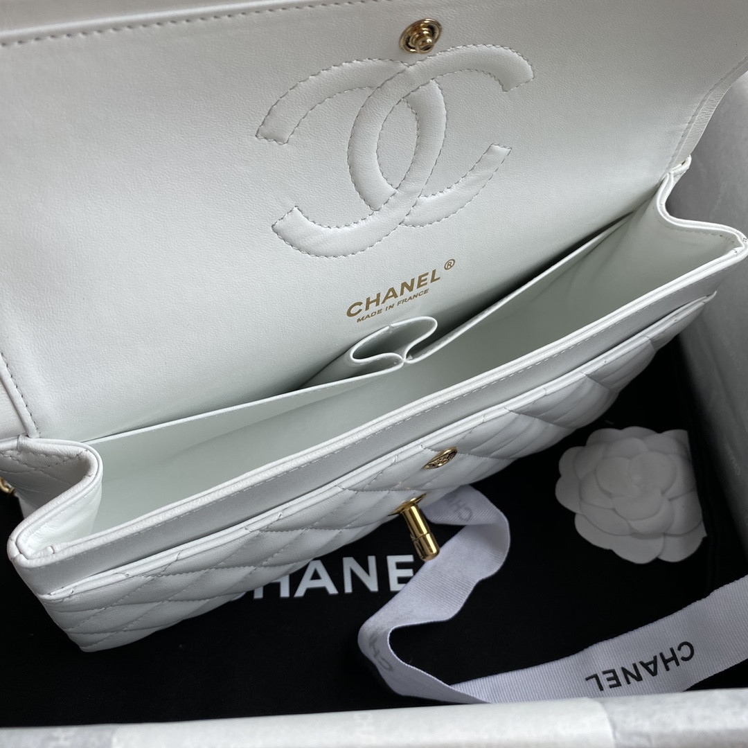 Ch*el classic handbag grained shiny calfskin & gold-tone metal white 6 × 9.9 × 2.5 in