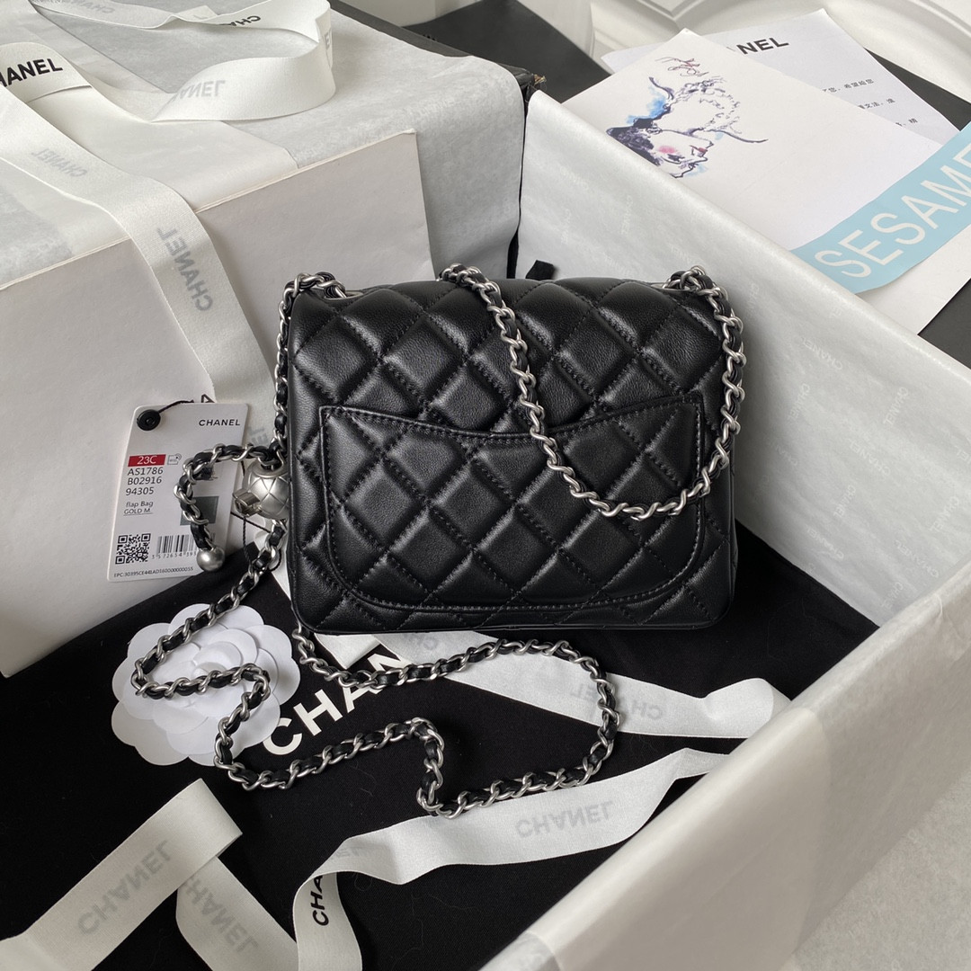 Ch*el mini flap bag shiny calfskin & silver-tone metal black 5.3 × 6.6 × 3.1 in