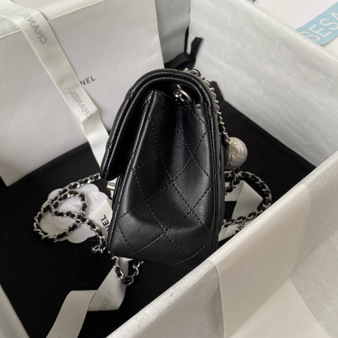 Ch*el mini flap bag shiny calfskin & silver-tone metal black 5.3 × 6.6 × 3.1 in