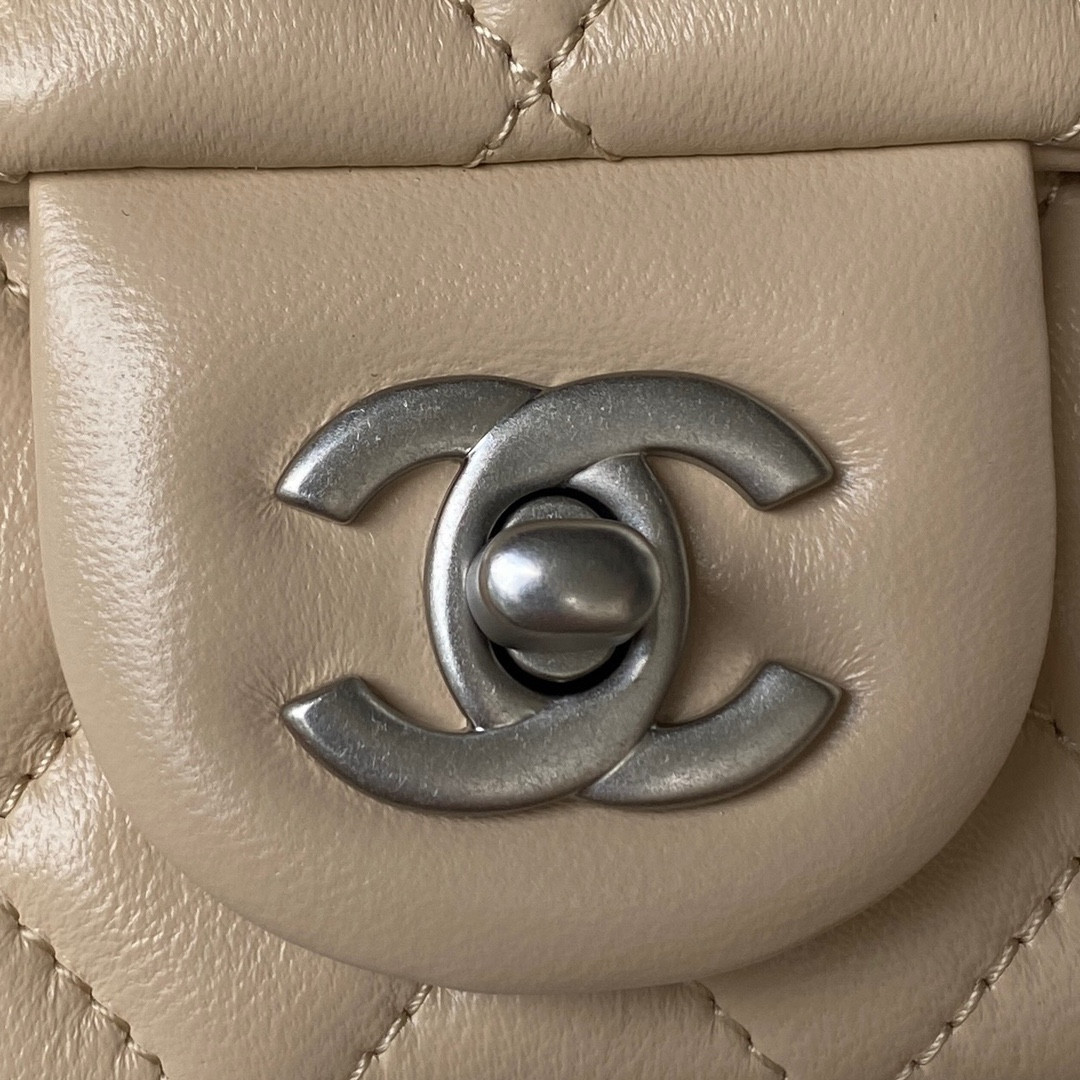 Ch*el mini flap bag shiny calfskin & silver-tone metal coffee 5.3 × 6.6 × 3.1 in