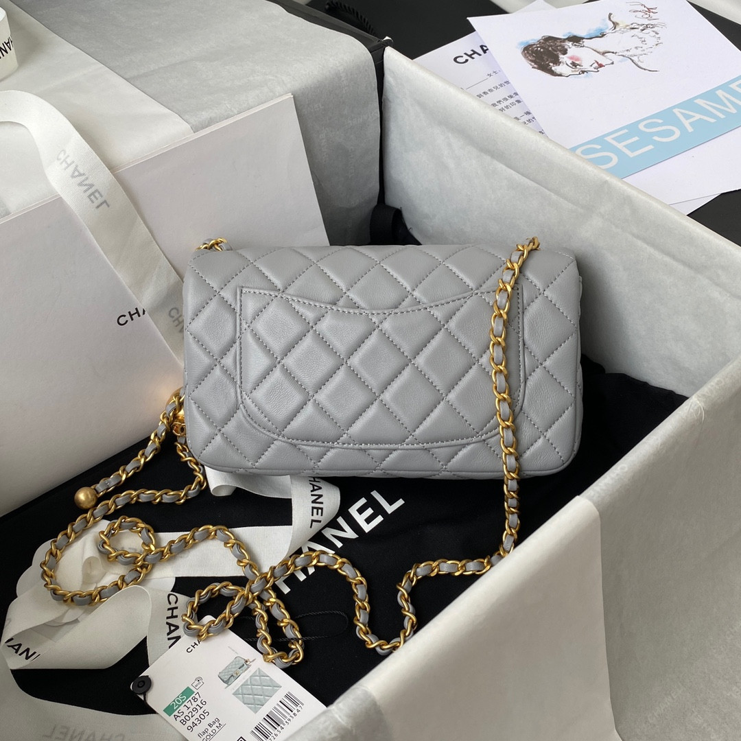 Ch*el mini flap bag shiny calfskin & gold-tone metal gray 4.7 × 7.8 × 2.3 in