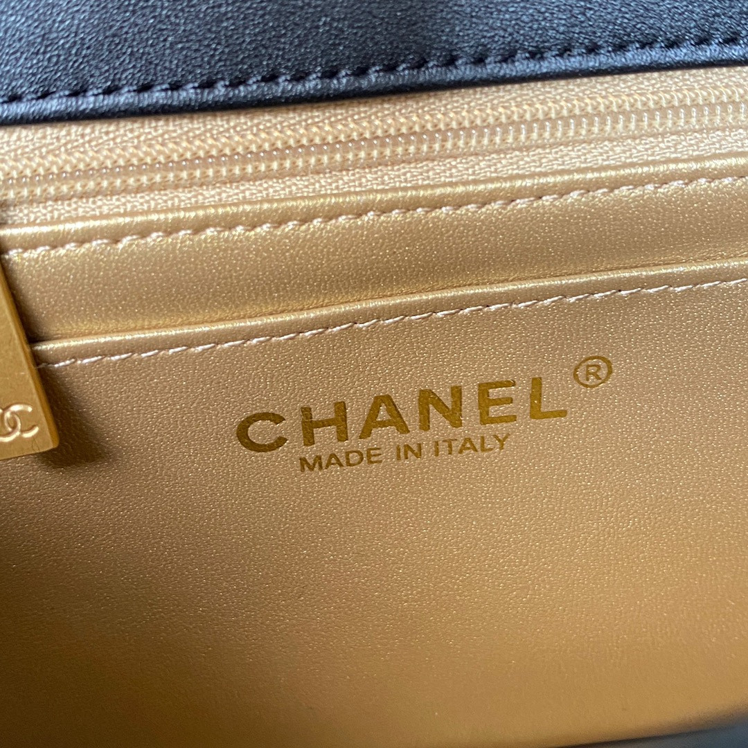 Ch*el mini flap bag shiny calfskin & gold-tone metal black 5.3 × 6.6 × 3.1 in
