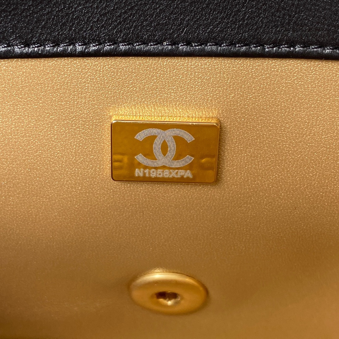 Ch*el mini flap bag shiny calfskin & gold-tone metal black 5.3 × 6.6 × 3.1 in
