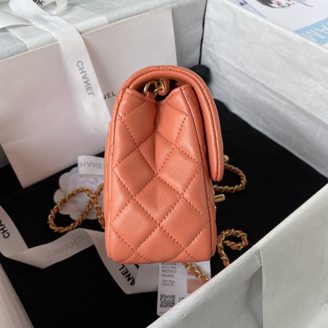 Ch*el mini flap bag shiny calfskin & gold-tone metal orange 5.3 × 6.6 × 3.1 in