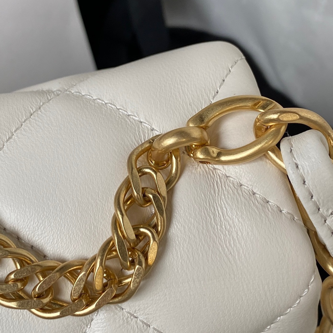 Ch*el small classic handbag grained shiny calfskin & gold-tone metal white 5.7 × 9 × 2.3 in