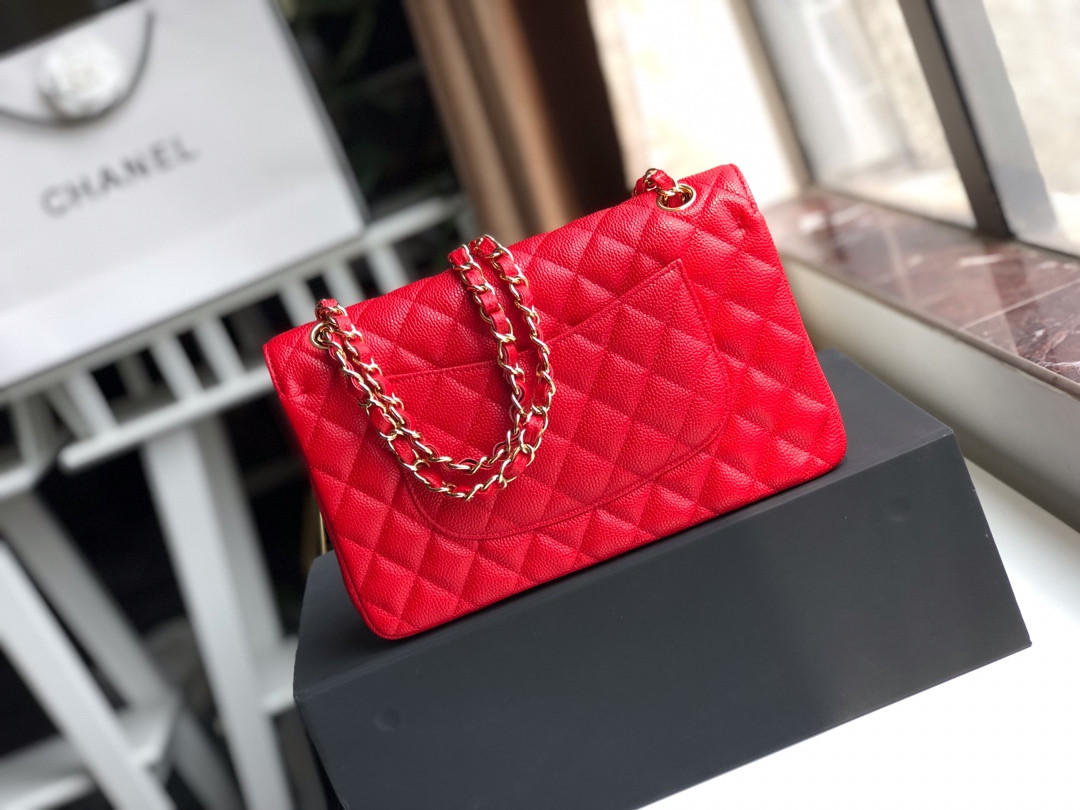 Ch*el classic handbag grained calfskin & gold-tone metal shiny red 6 × 9.9 × 2.5 in