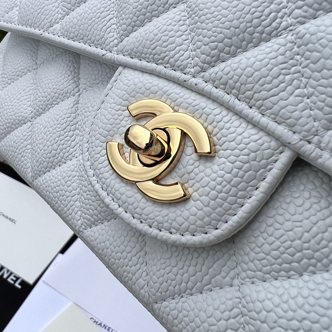 Ch*el classic handbag grained calfskin & gold-tone metal white 6 × 9.9 × 2.5 in