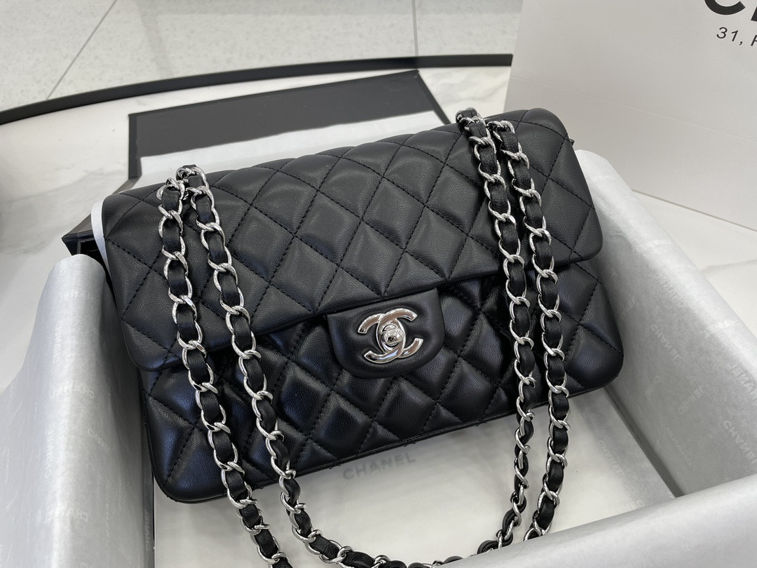 Ch*el small classic handbag grained shiny calfskin & silver-tone metal black 5.7 × 9 × 2.3 in