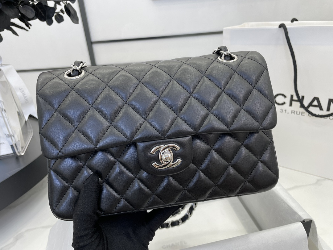 Ch*el small classic handbag grained shiny calfskin & silver-tone metal black 5.7 × 9 × 2.3 in