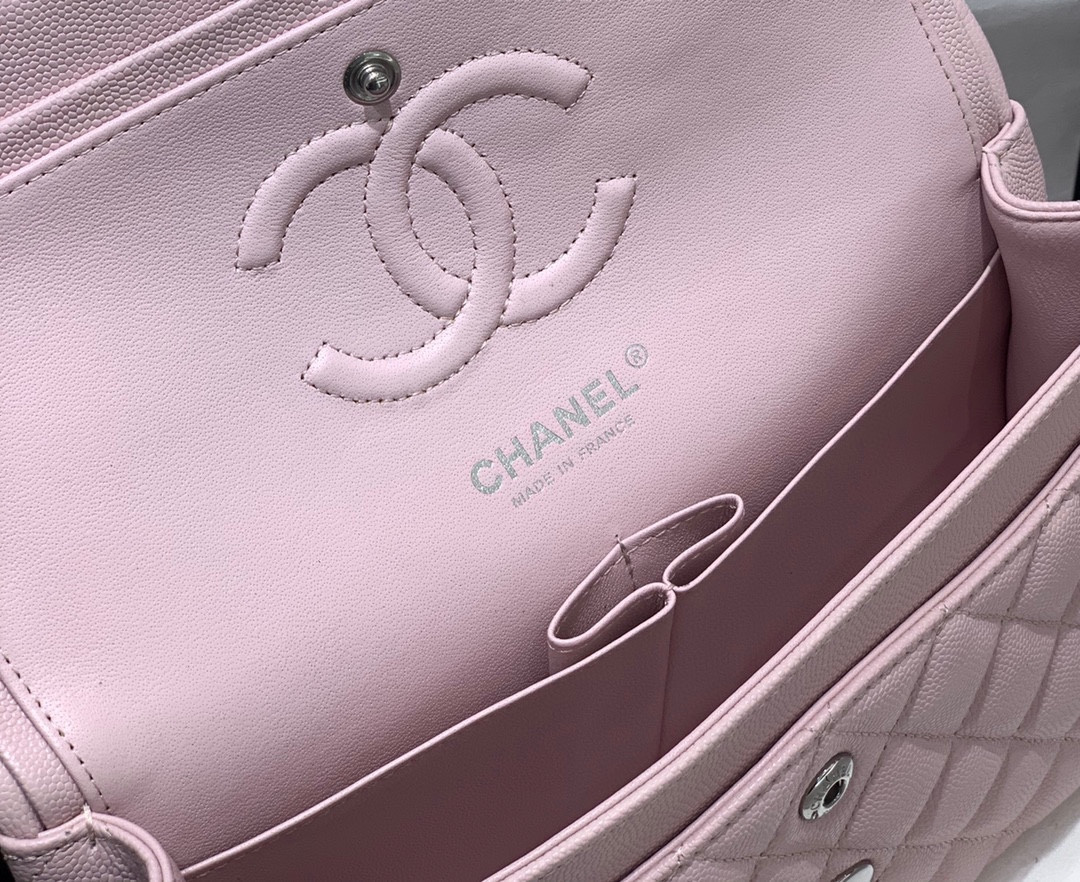 Ch*el classic handbag grained calfskin & silver-tone metal pink 6 × 9.9 × 2.5 in