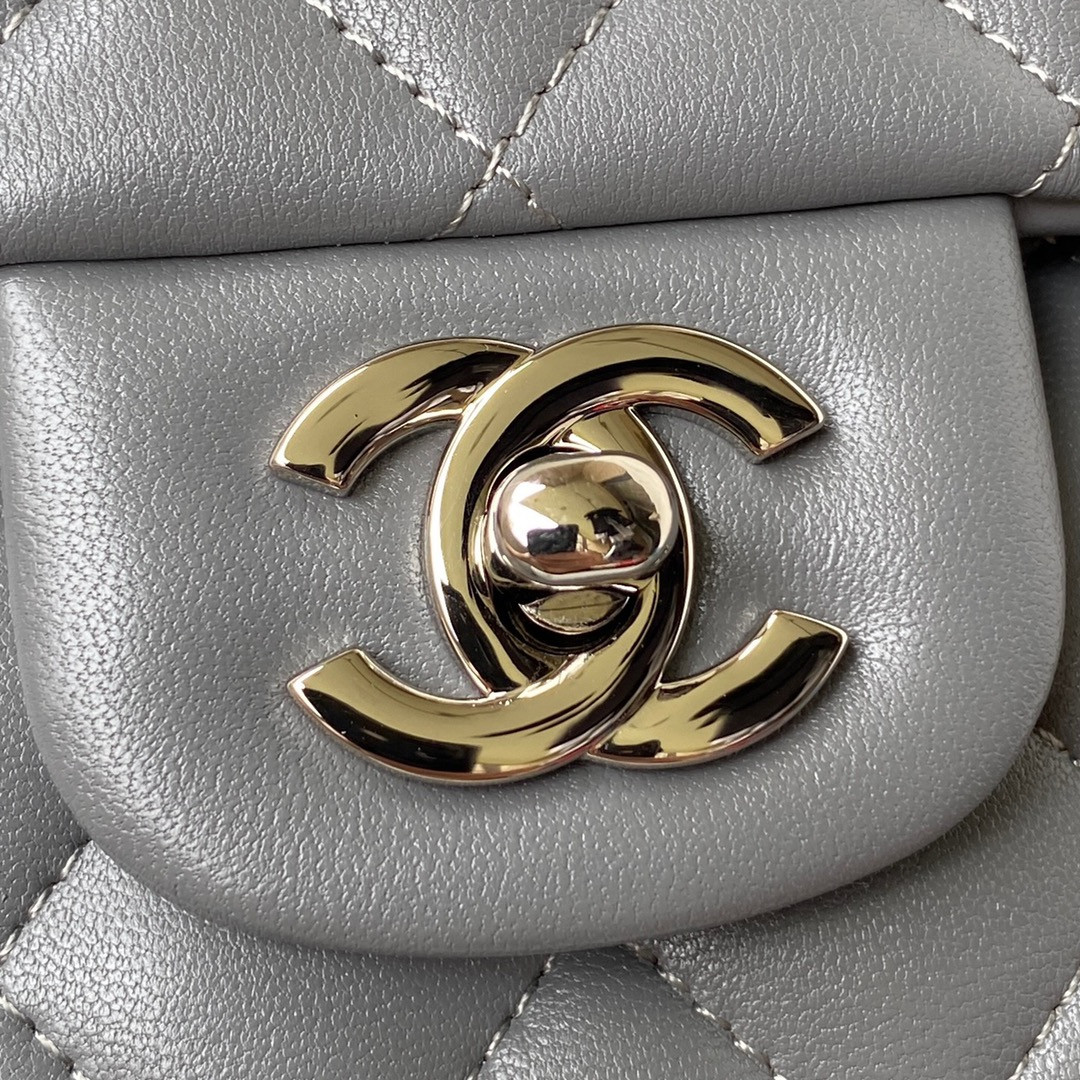 Ch*el small classic handbag grained shiny calfskin & silver-tone metal gray 5.7 × 9 × 2.3 in
