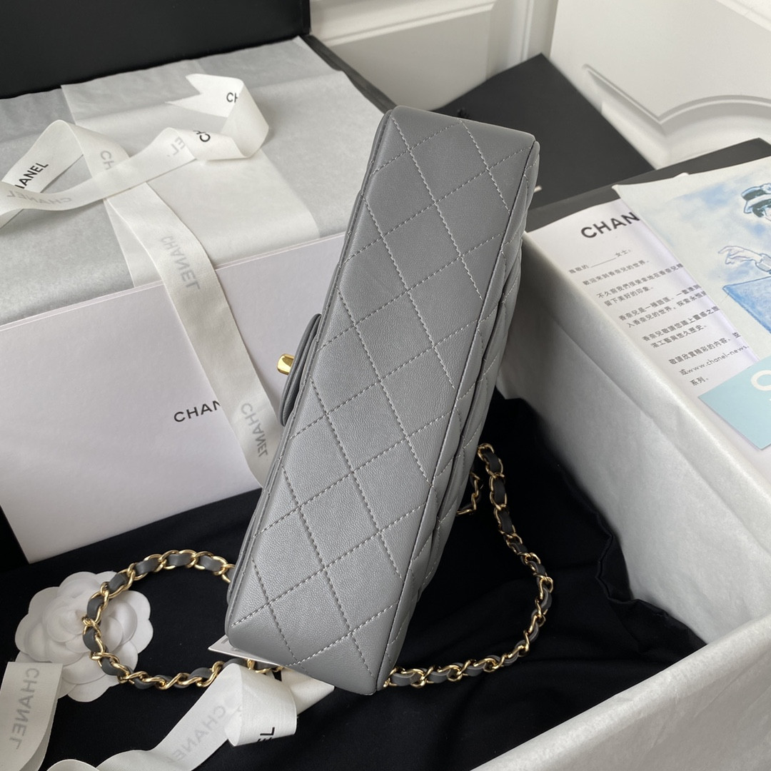 Ch*el small classic handbag grained shiny calfskin & gold-tone metal gray 5.7 × 9 × 2.3 in