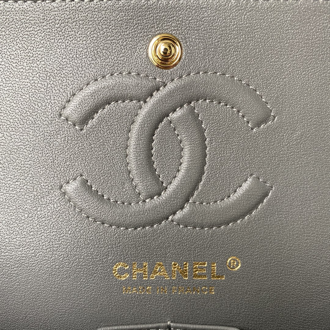 Ch*el small classic handbag grained shiny calfskin & gold-tone metal gray 5.7 × 9 × 2.3 in
