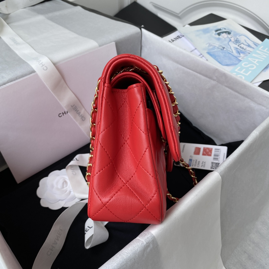 Ch*el small classic handbag lambskin & gold-tone metal red 5.7 × 9 × 2.3 in