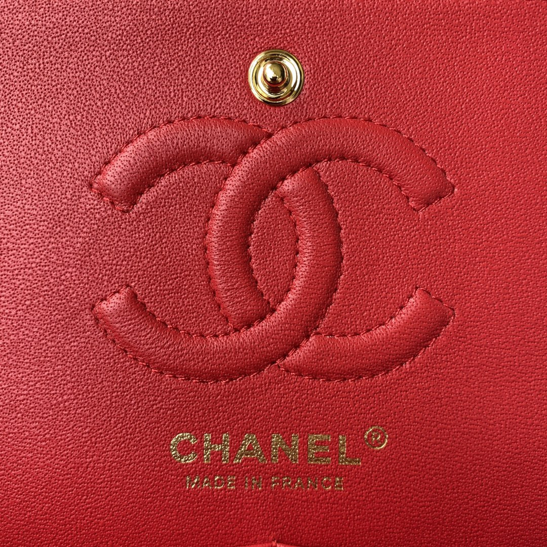 Ch*el small classic handbag lambskin & gold-tone metal red 5.7 × 9 × 2.3 in