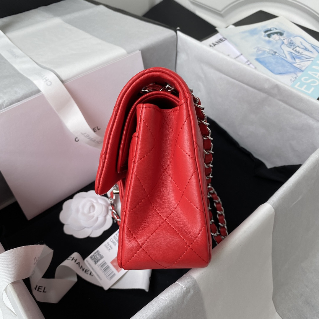 Ch*el small classic handbag lambskin & silver-tone metal red 5.7 × 9 × 2.3 in