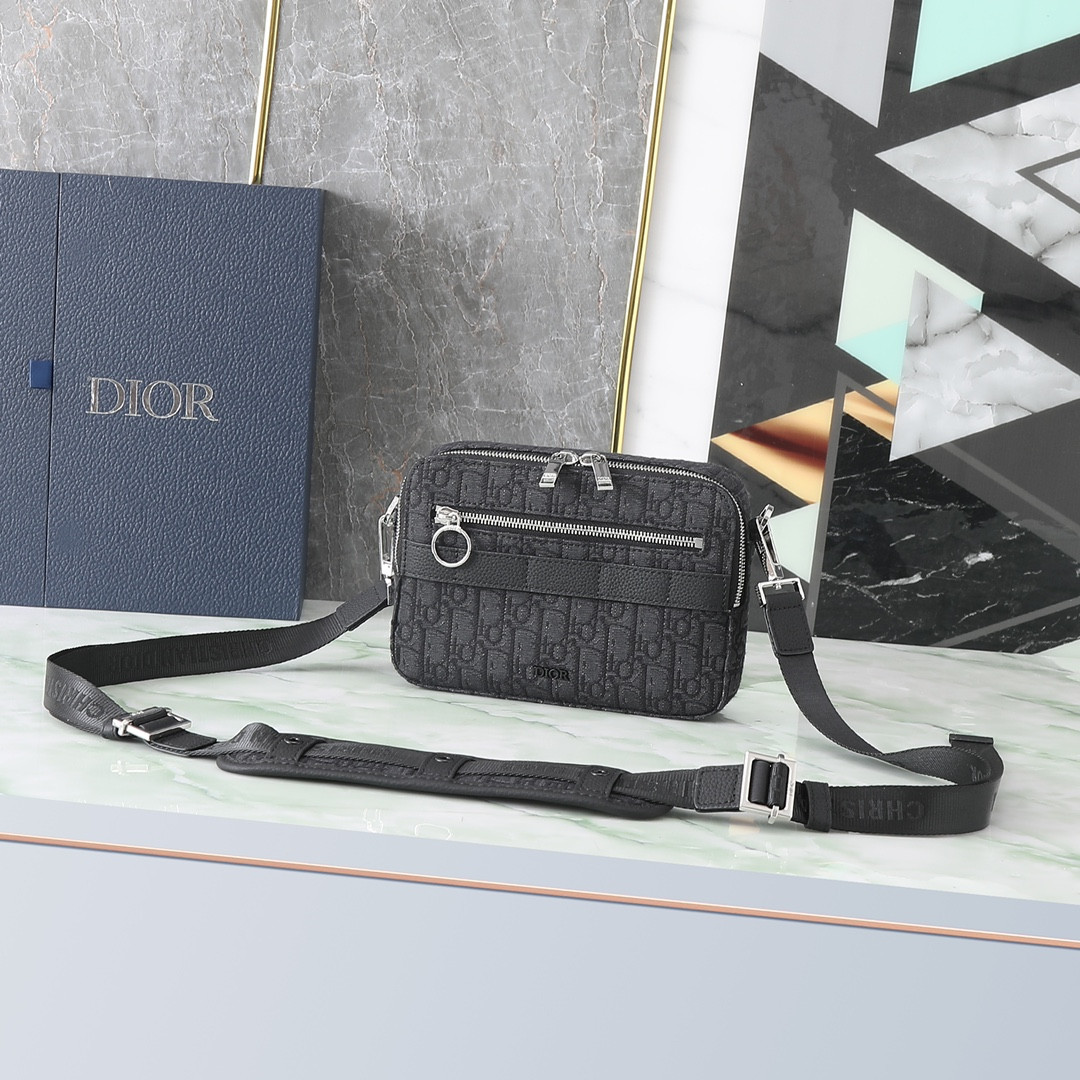 D*or safari bag with strap  black D*or oblique jacquard  8.5 x 6 x 2.5 inches