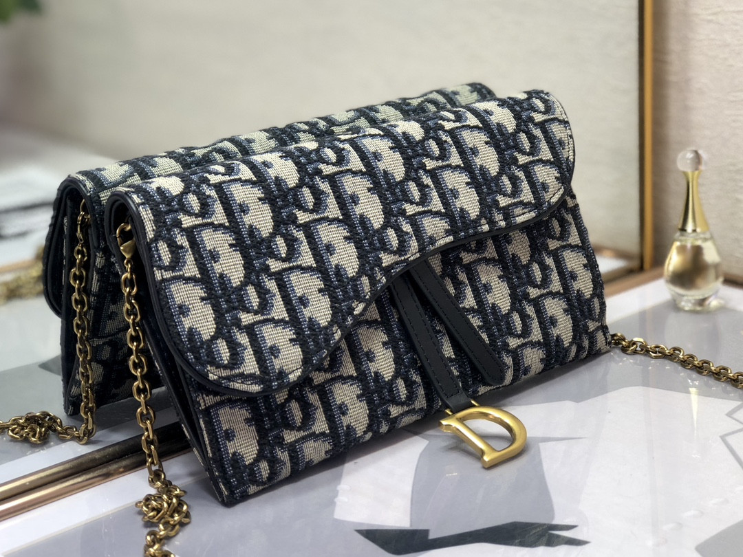 D*or saddle pouch with chain blue D*or oblique jacquard 8.5 x 5 x 1.5 inches