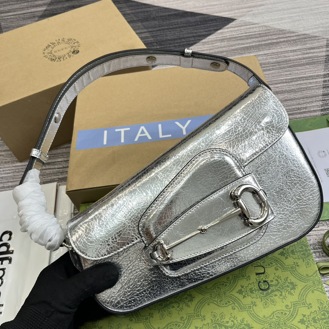 G*u*i horsebit 1955 small shoulder bag metallic silver 10.4"w x 6.7-4.1"h x 3.1-1.6"d