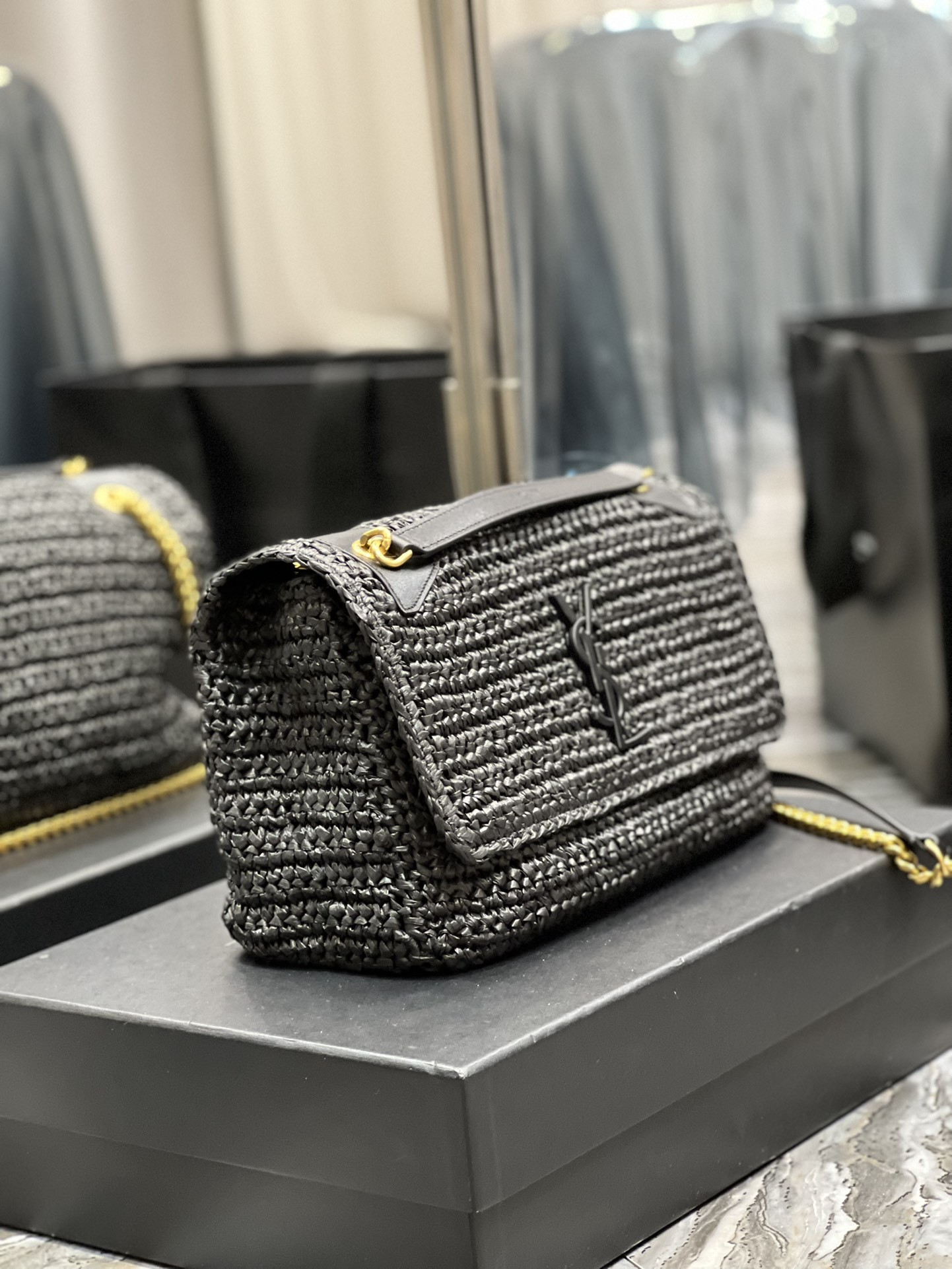 Y*L niki medium chain bag in raffia and leather black 11 x 7.8 x 3.3 inches