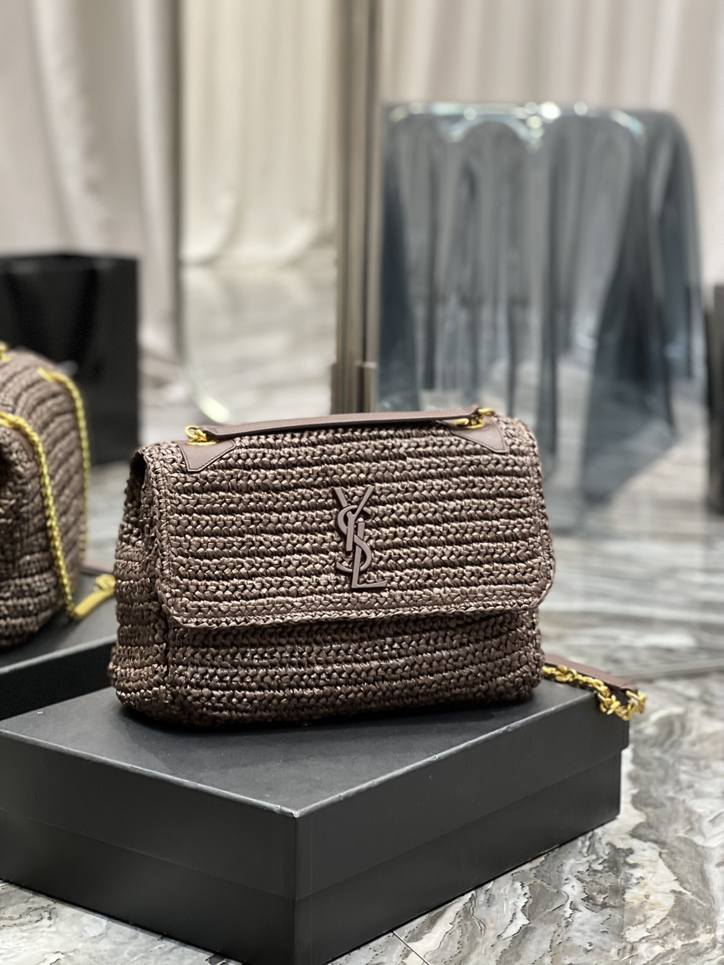 Y*L niki medium chain bag in raffia and leather coffee 11 x 7.8 x 3.3 inches