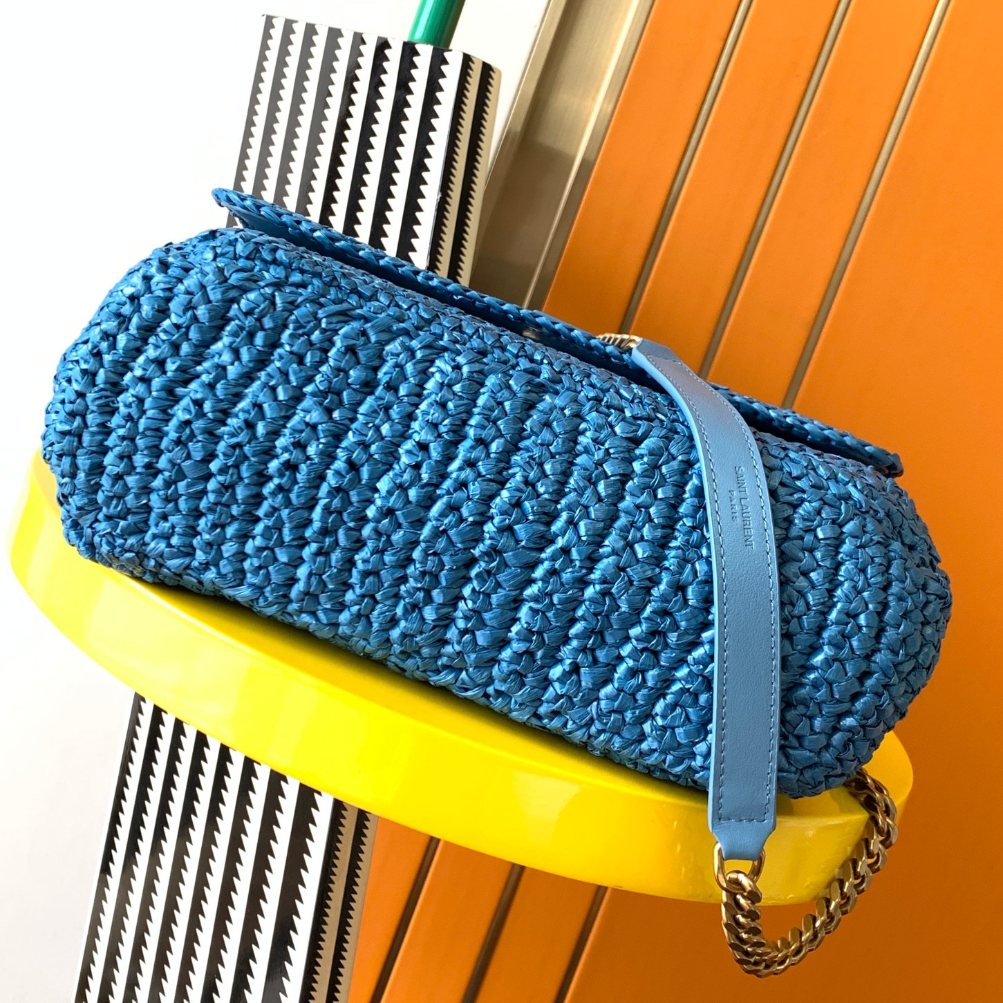 Y*L niki medium chain bag in raffia and leather blue 11 x 7.8 x 3.3 inches