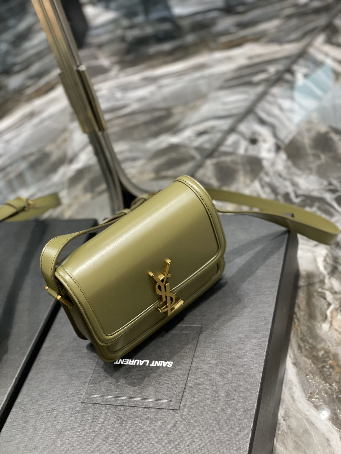 y*l solferino small satchel in box Sa**t Lau*nt avocado green 7.4 x 5.1 x 1.9 inches