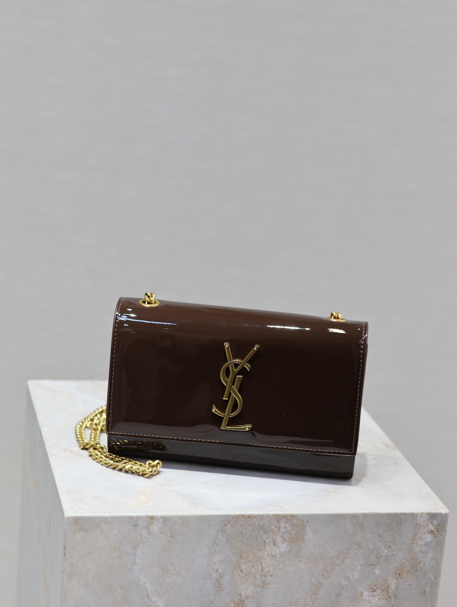 Y*L kate small in shiny leather coffee 7.8 x 4.9 x 1.9 inches