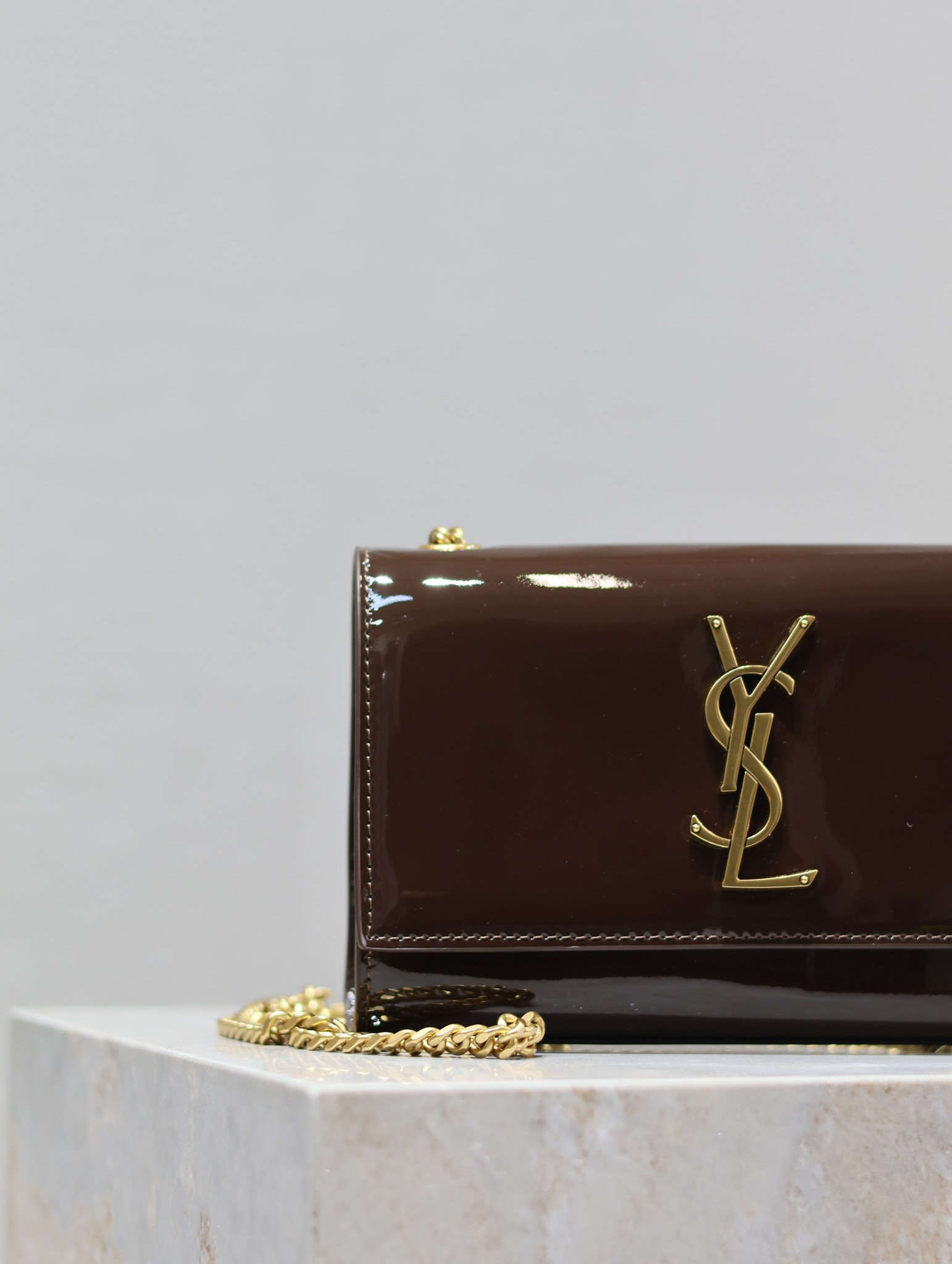 Y*L kate small in shiny leather coffee 7.8 x 4.9 x 1.9 inches