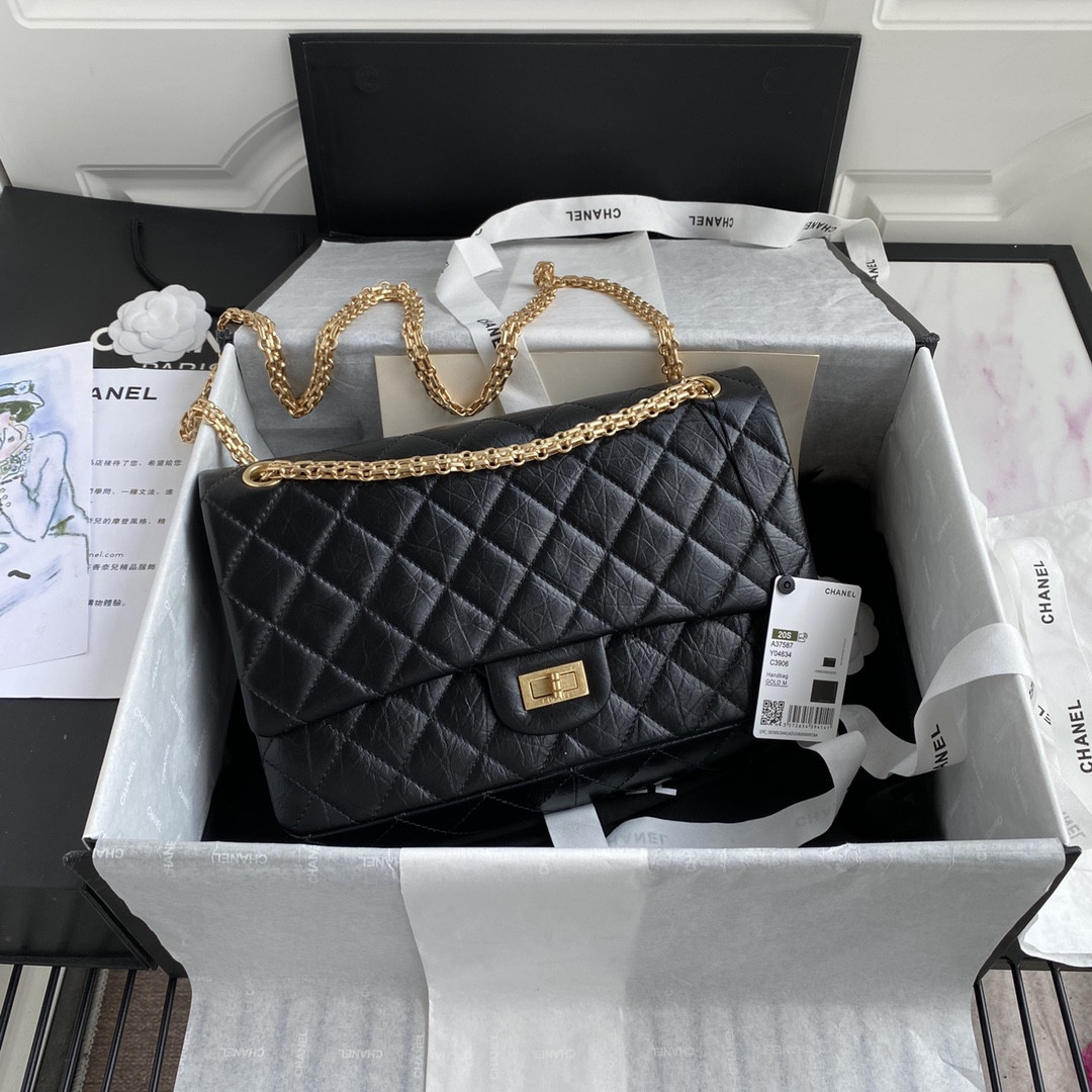Ch*el large 2.55 handbag black& gold-tone metal 7.6 × 10.9 × 2.9 in
