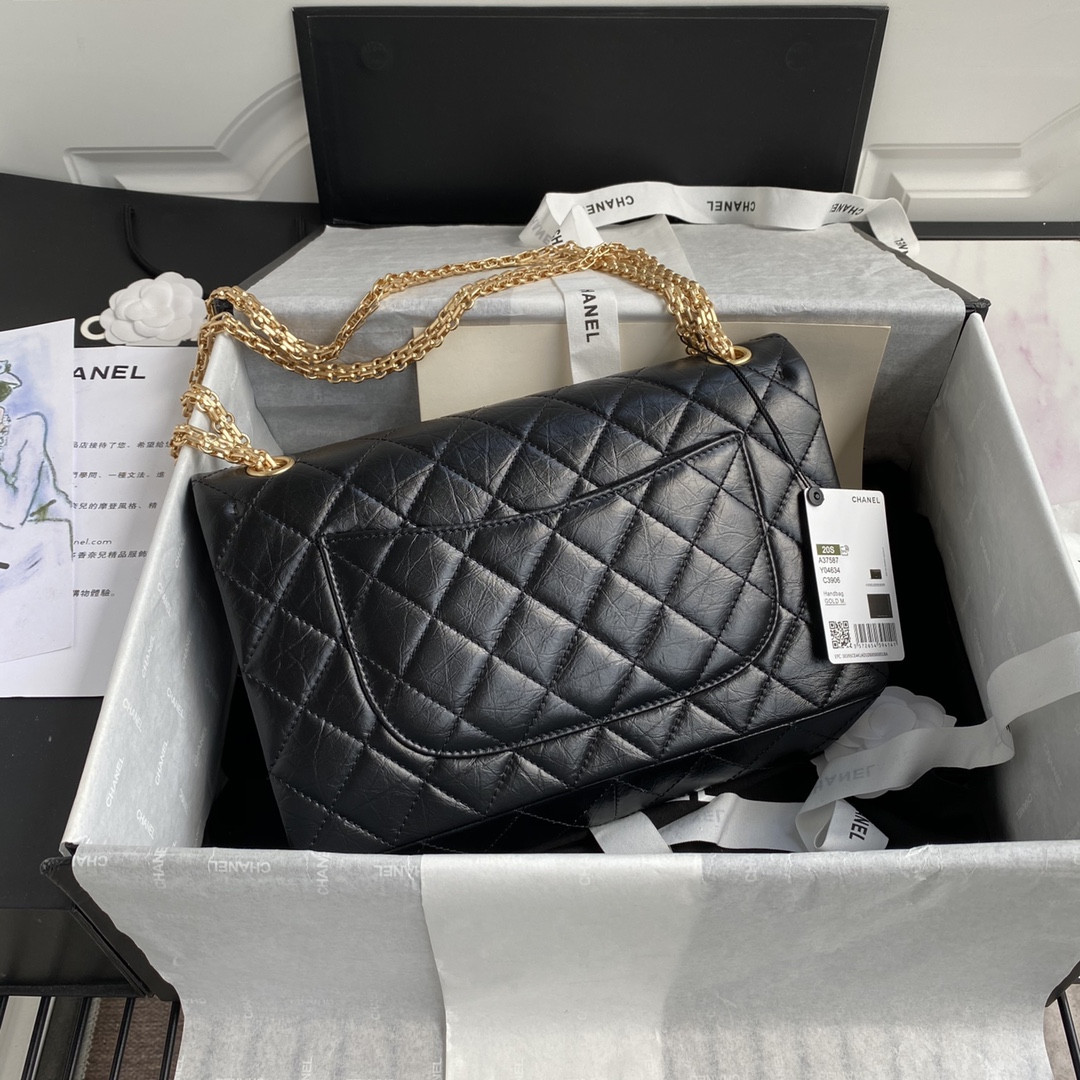 Ch*el large 2.55 handbag black& gold-tone metal 7.6 × 10.9 × 2.9 in