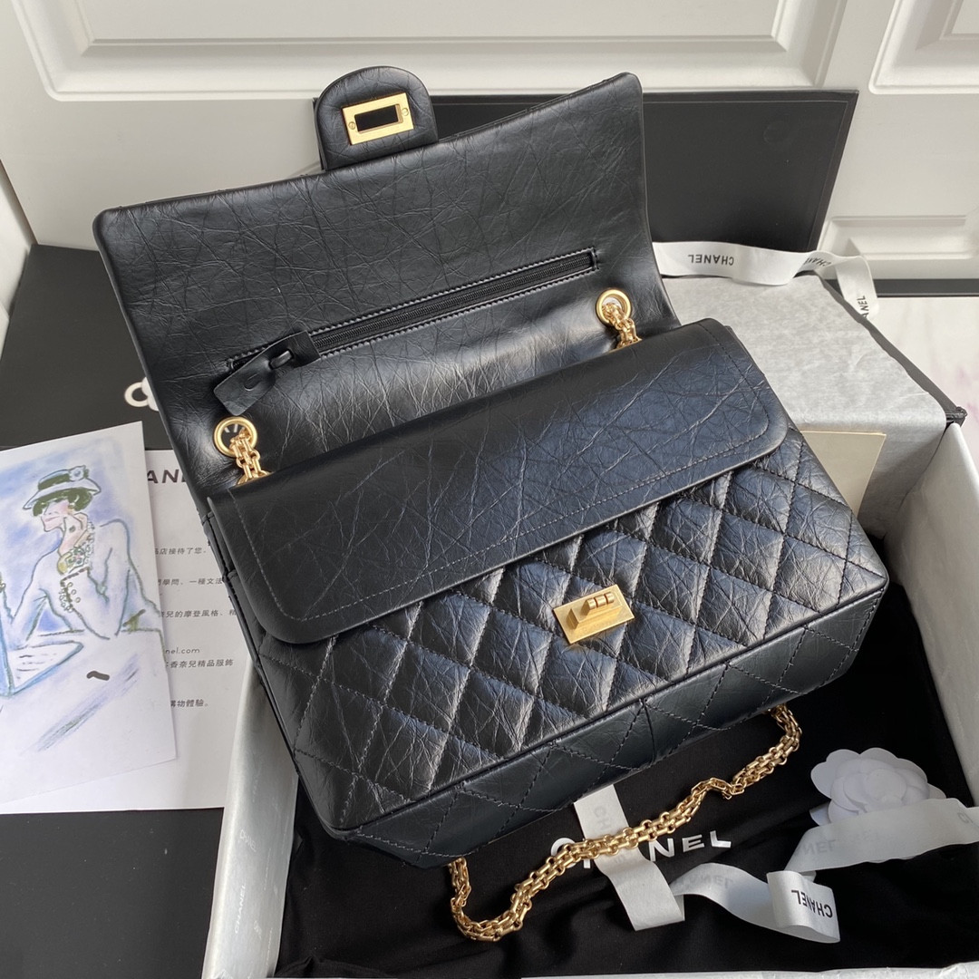 Ch*el large 2.55 handbag black& gold-tone metal 7.6 × 10.9 × 2.9 in