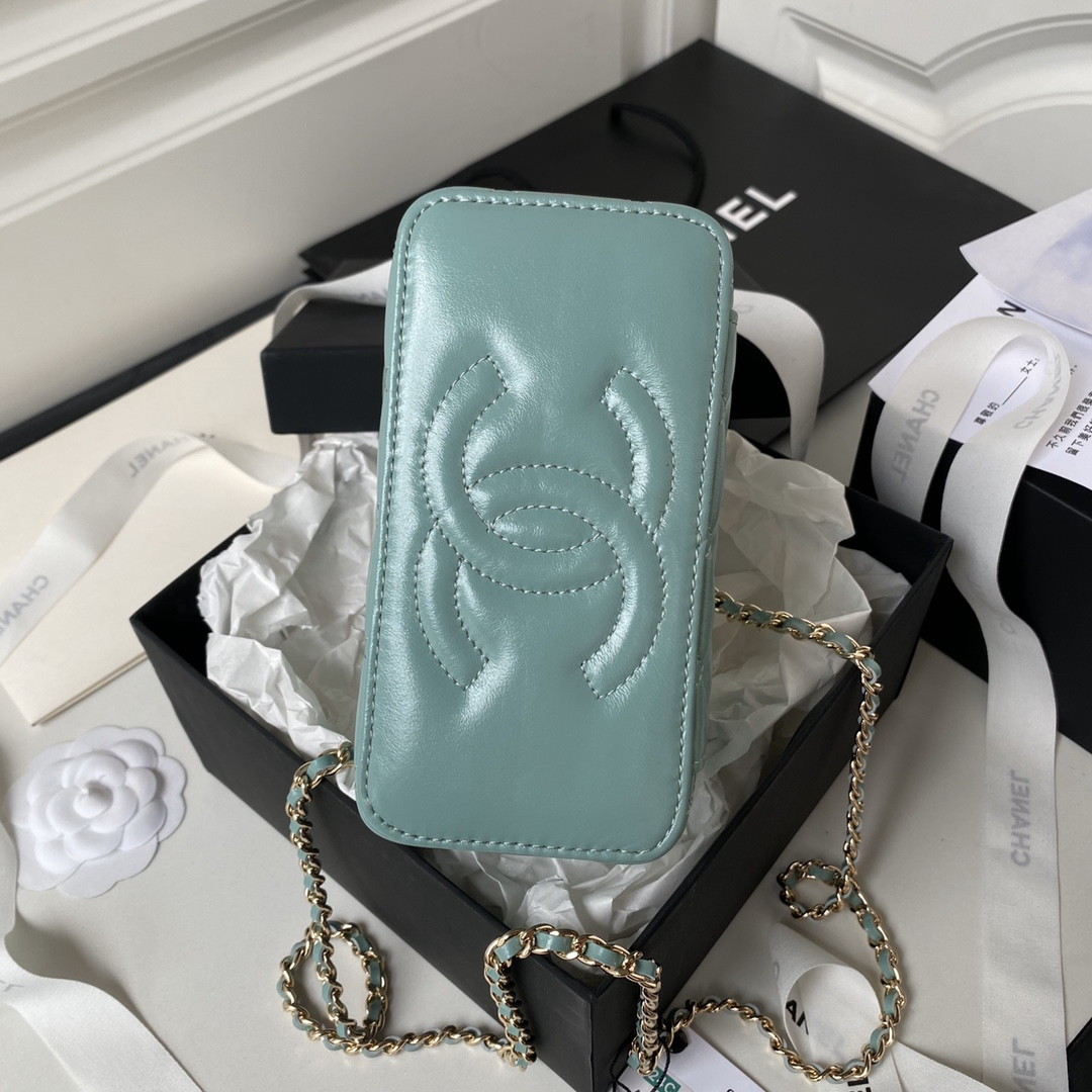 Ch*el 24p chain leather square box shoulder bag blue 16x10x8cm