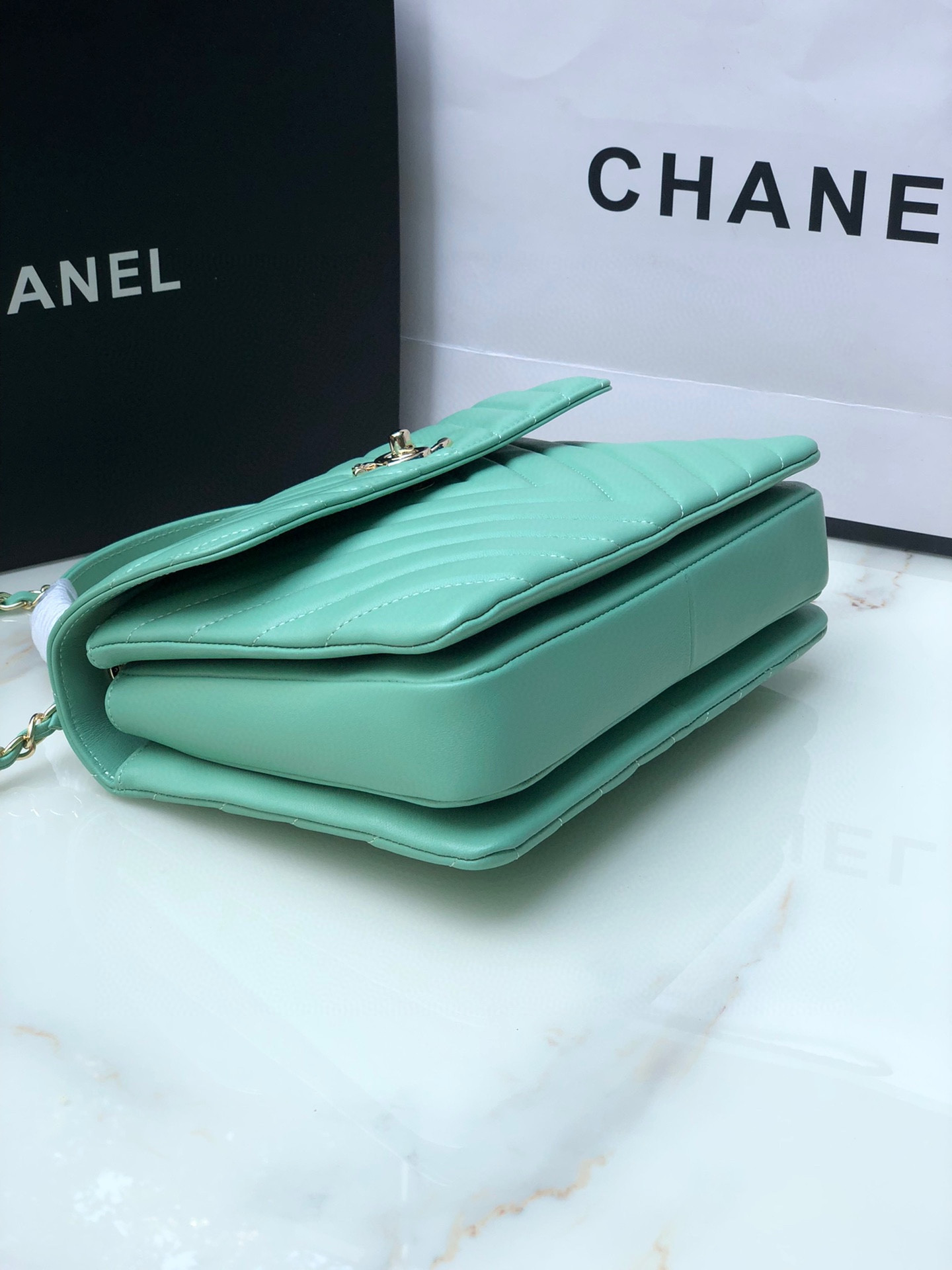 Ch*el flap bag with top handle blue silver 6.6 × 9.8 × 4.7 in