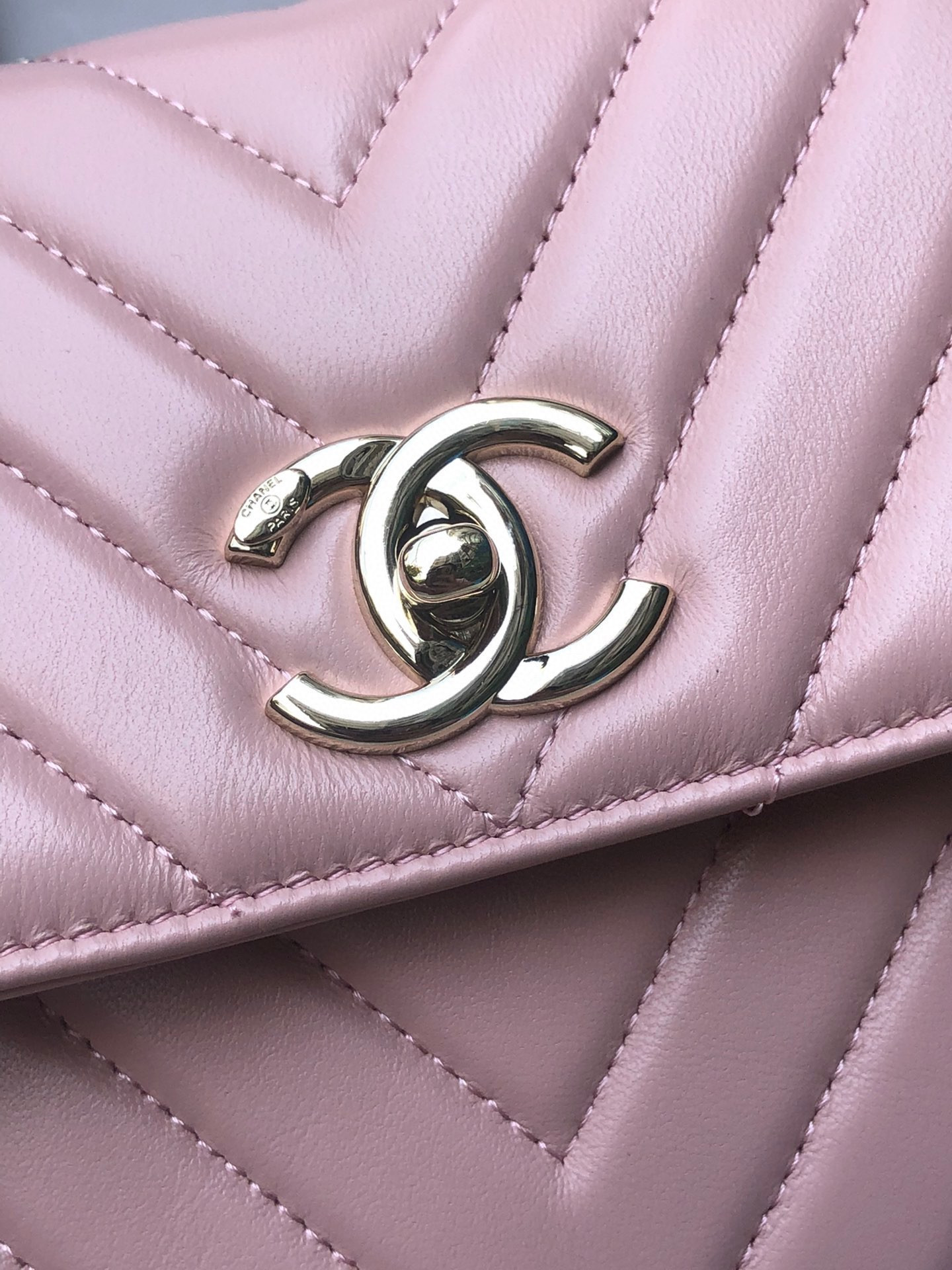 Ch*el flap bag with top handle pink 6.6 × 9.8 × 4.7 in