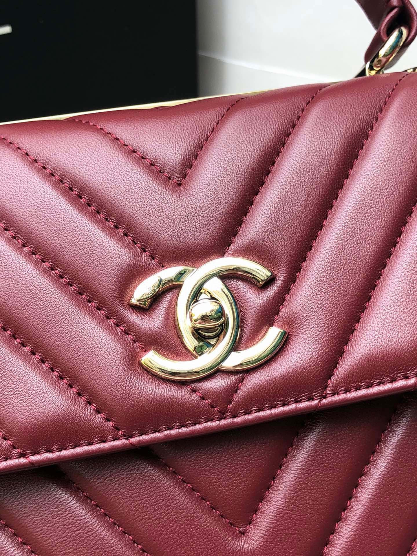 Ch*el flap bag with top handle red 6.6 × 9.8 × 4.7 in