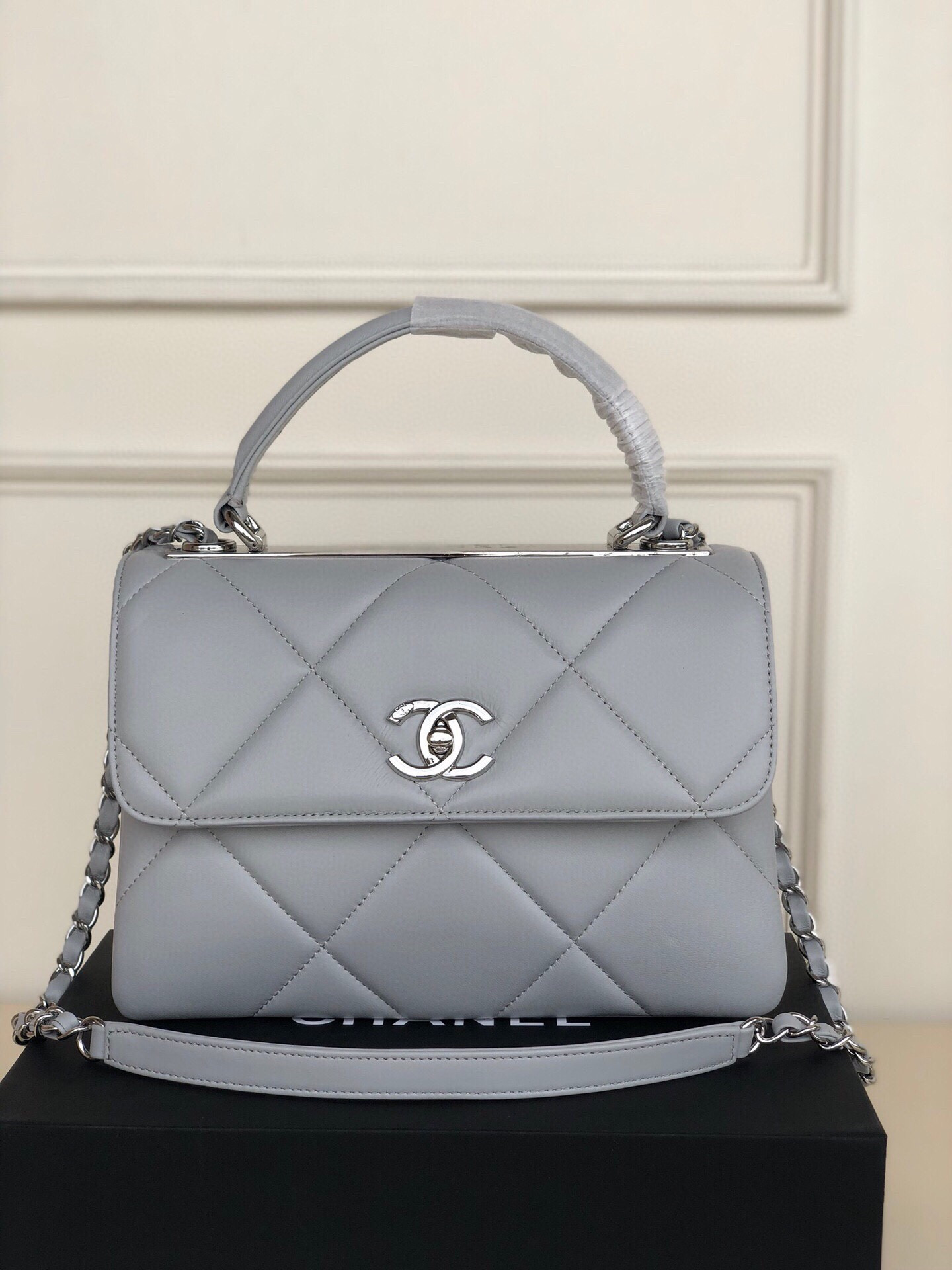 Ch*el flap bag with top handle 6.6 × 9.8 × 4.7 in