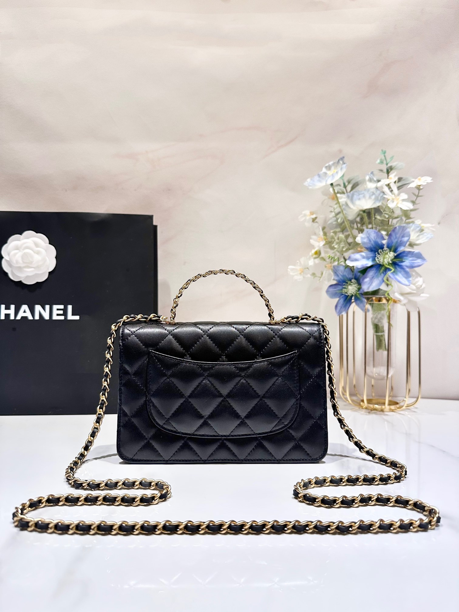 Ch*el classic wallet on chain rhinestone handle 4.8 × 7.5 × 1.4 in