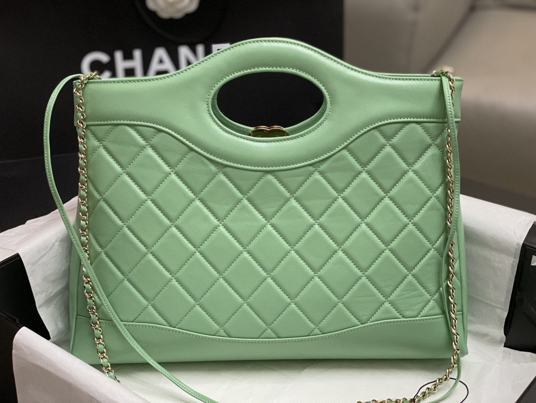 Ch*el shopping bag shiny lambskin & gold-tone metal light green 35x39x8cm
