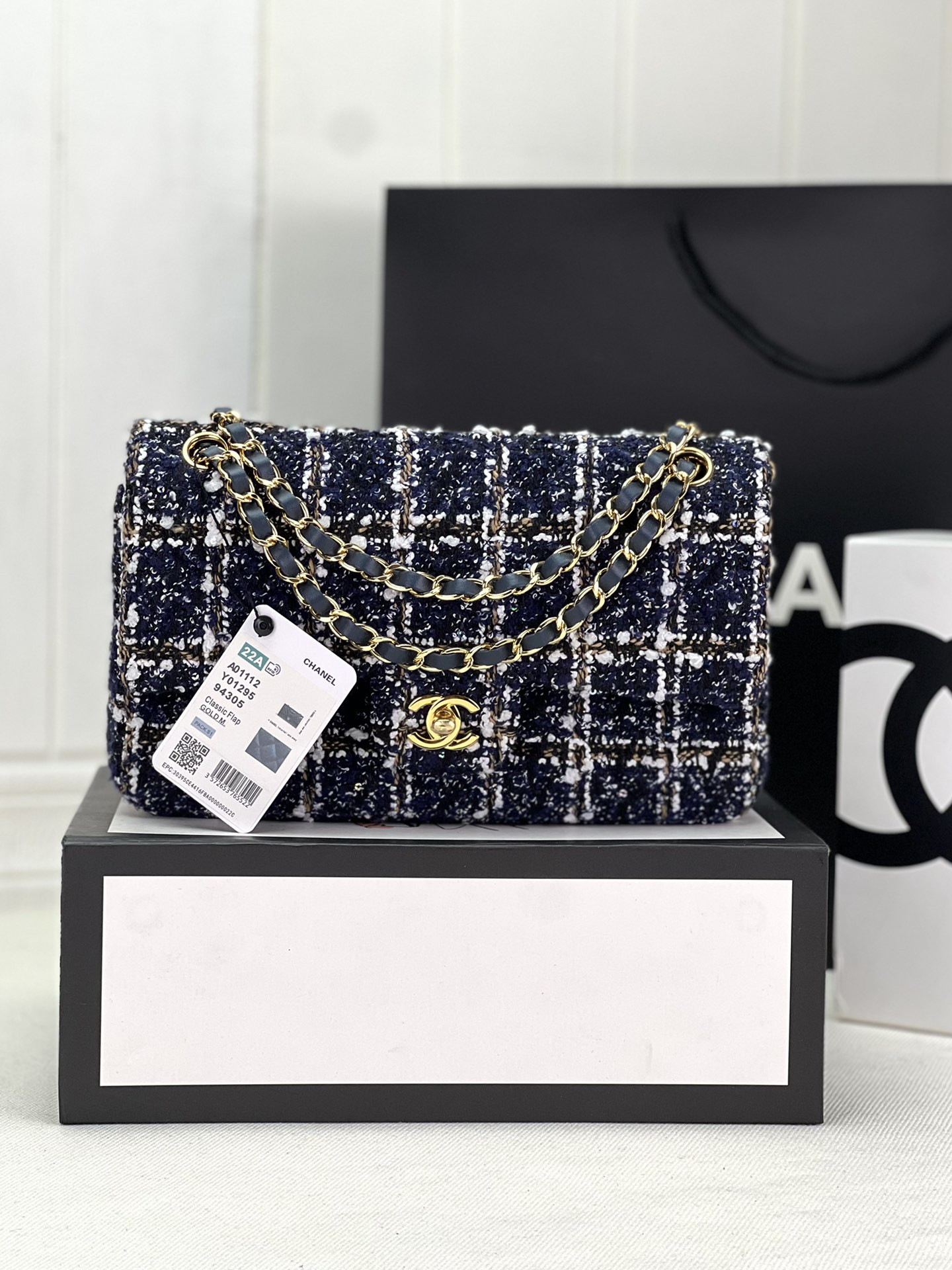 Ch*el classic 11.12 handbag tweed & gold-tone metal   6 × 9.9 × 2.5 in