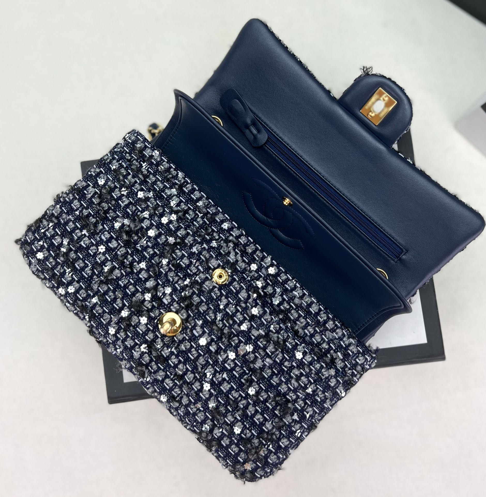 Ch*el classic 11.12 handbag tweed & gold-tone metal   6 × 9.9 × 2.5 in
