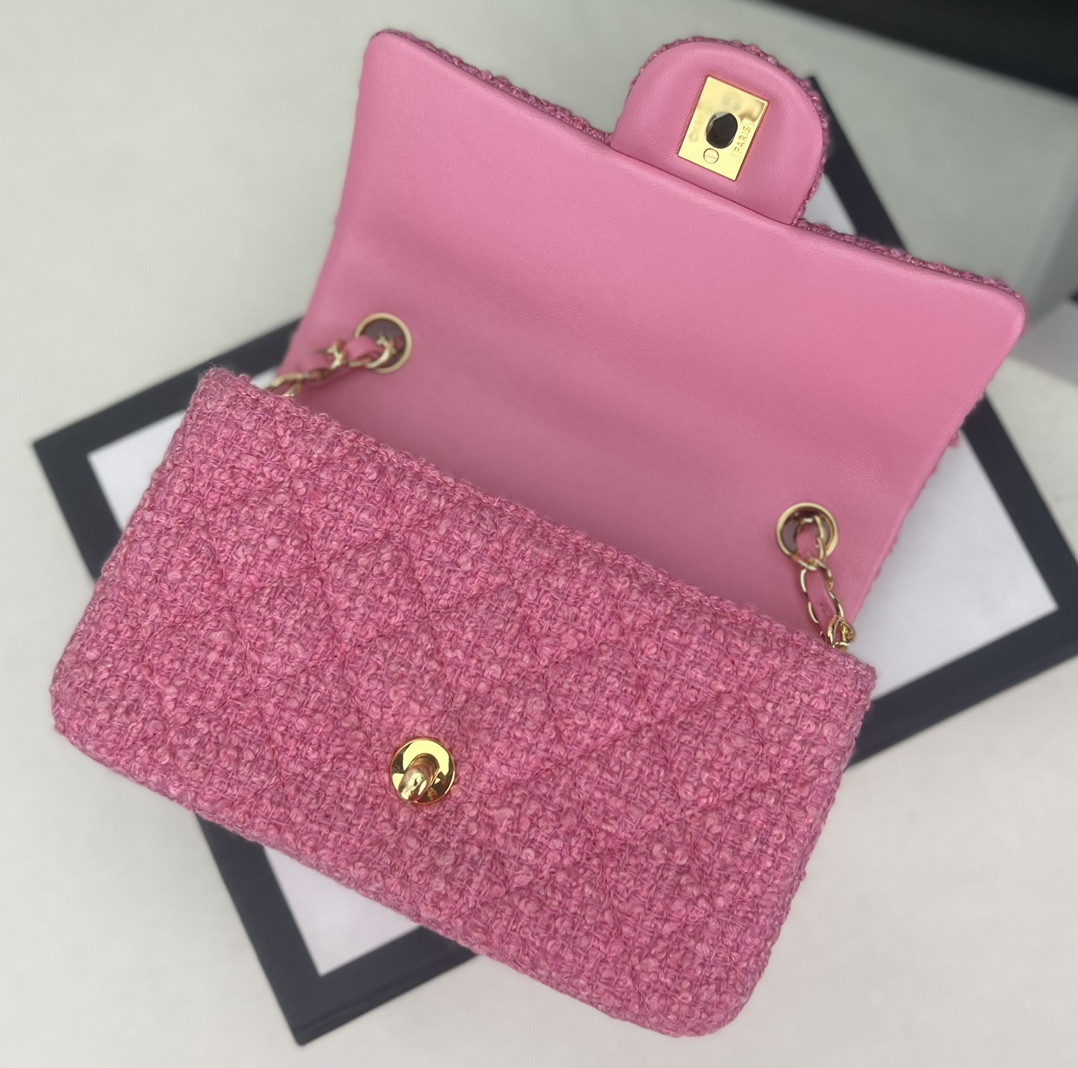 Ch*el mini classic 11.12 handbag tweed & gold-tone metal 4.7 × 7.8 × 2.3 in